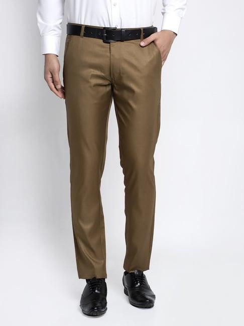 jainish brown cotton tapered fit flat front trousers