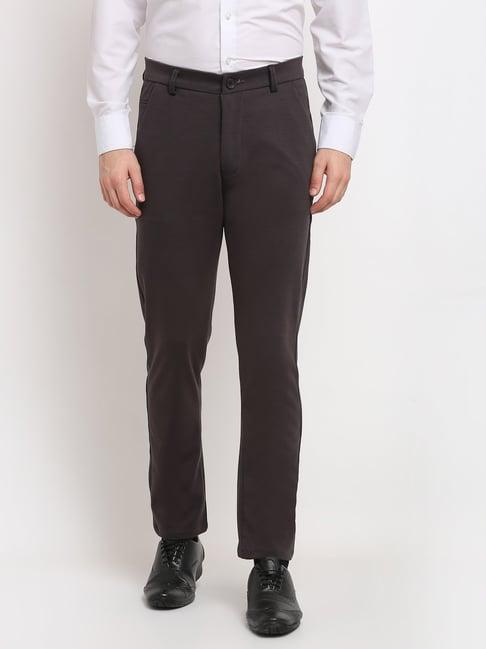 jainish brown cotton tapered fit flat front trousers