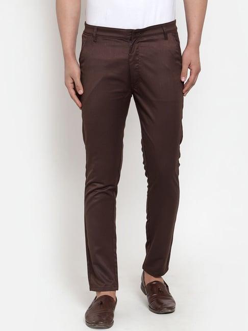 jainish brown cotton tapered fit flat front trousers