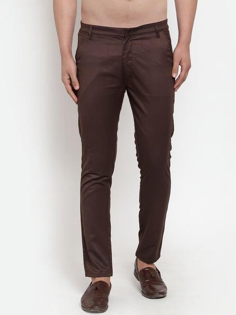 jainish brown cotton tapered fit trousers