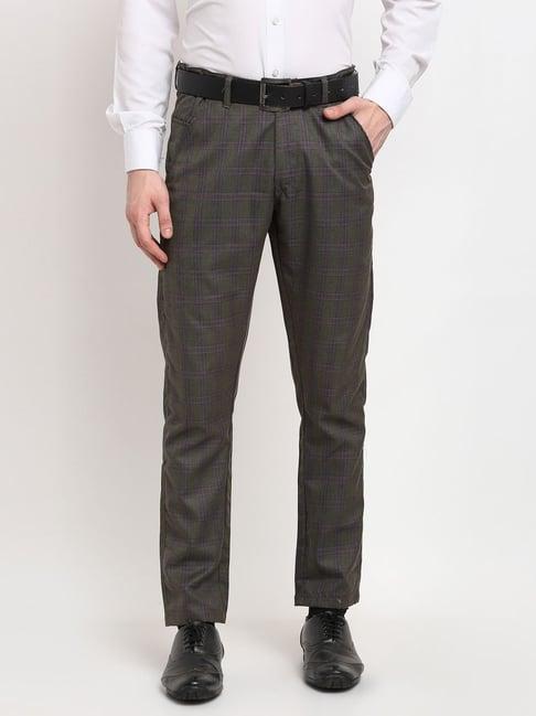 jainish charcoal cotton tapered fit checks flat front trousers