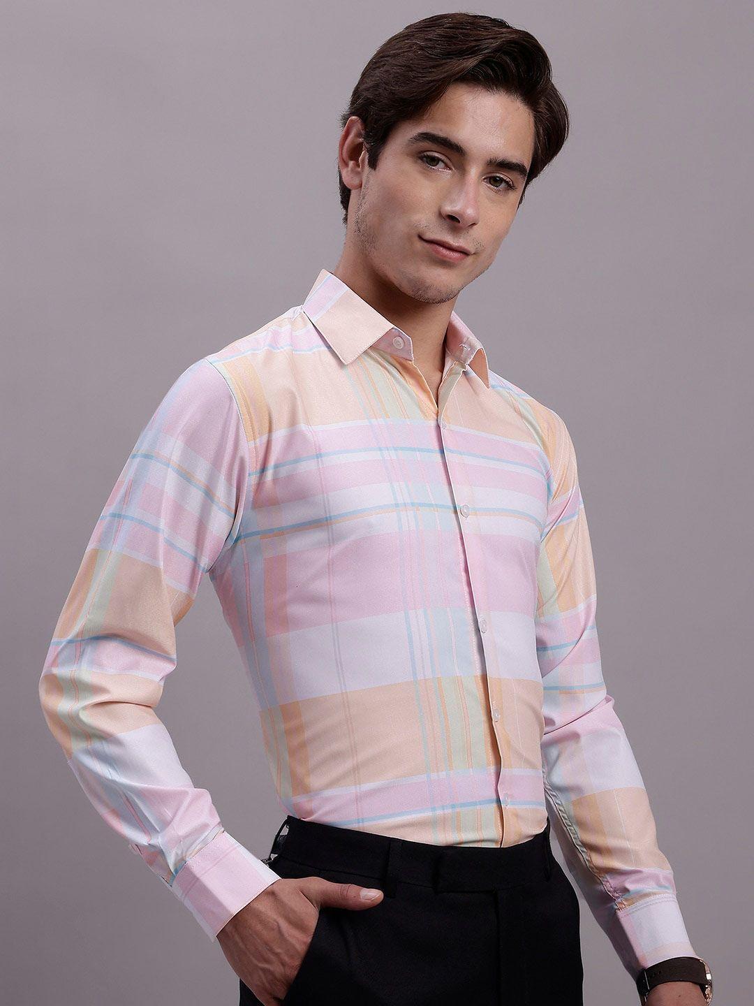 jainish classic regular fit tartan checks printed spread collar short sleeve formal shirt