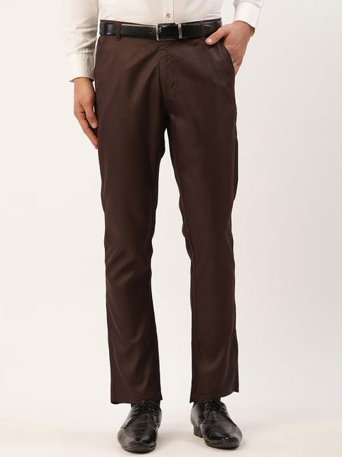 jainish coffee cotton tapered fit checks flat front trousers