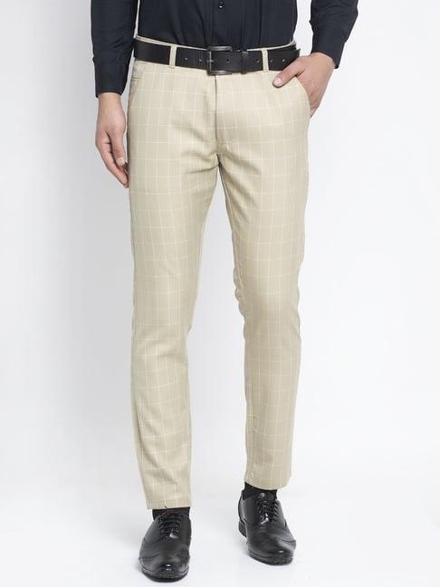 jainish cream cotton tapered fit checks flat front trousers