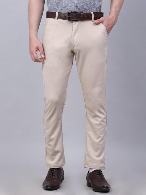 jainish cream tapered fit flat front trousers