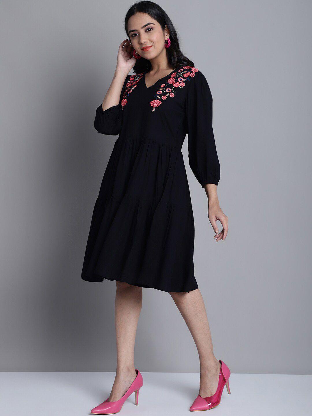 jainish floral embroidered puff sleeve tiered a-line dress