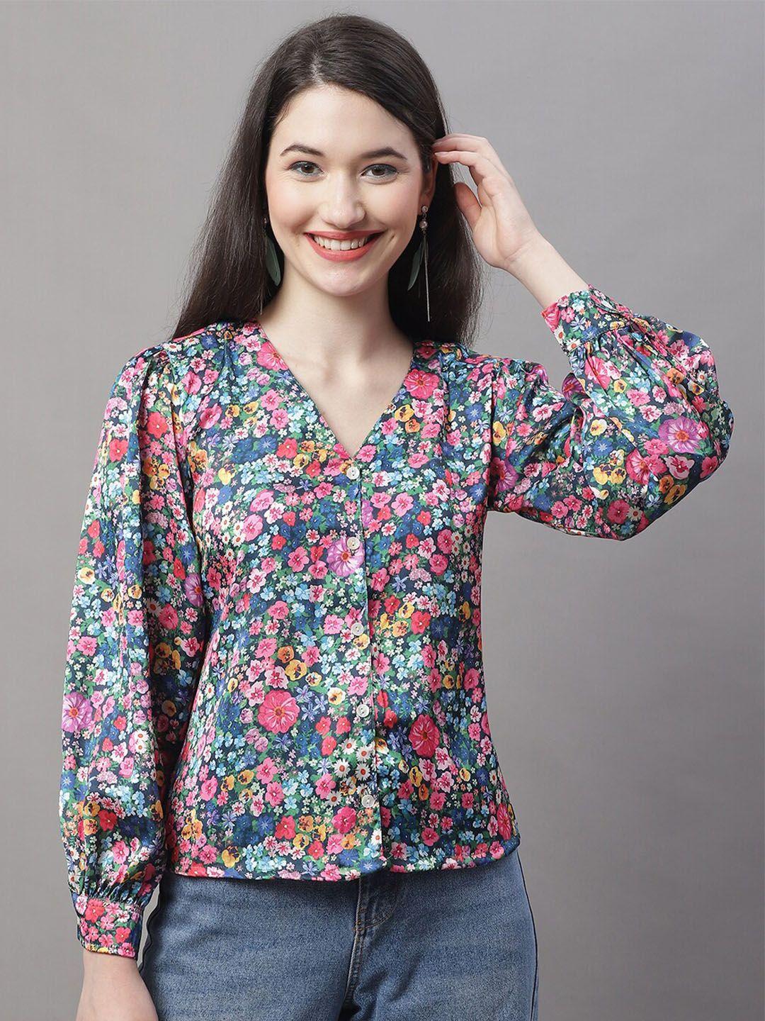 jainish floral printed v-neck cuffed sleeves satin shirt style top