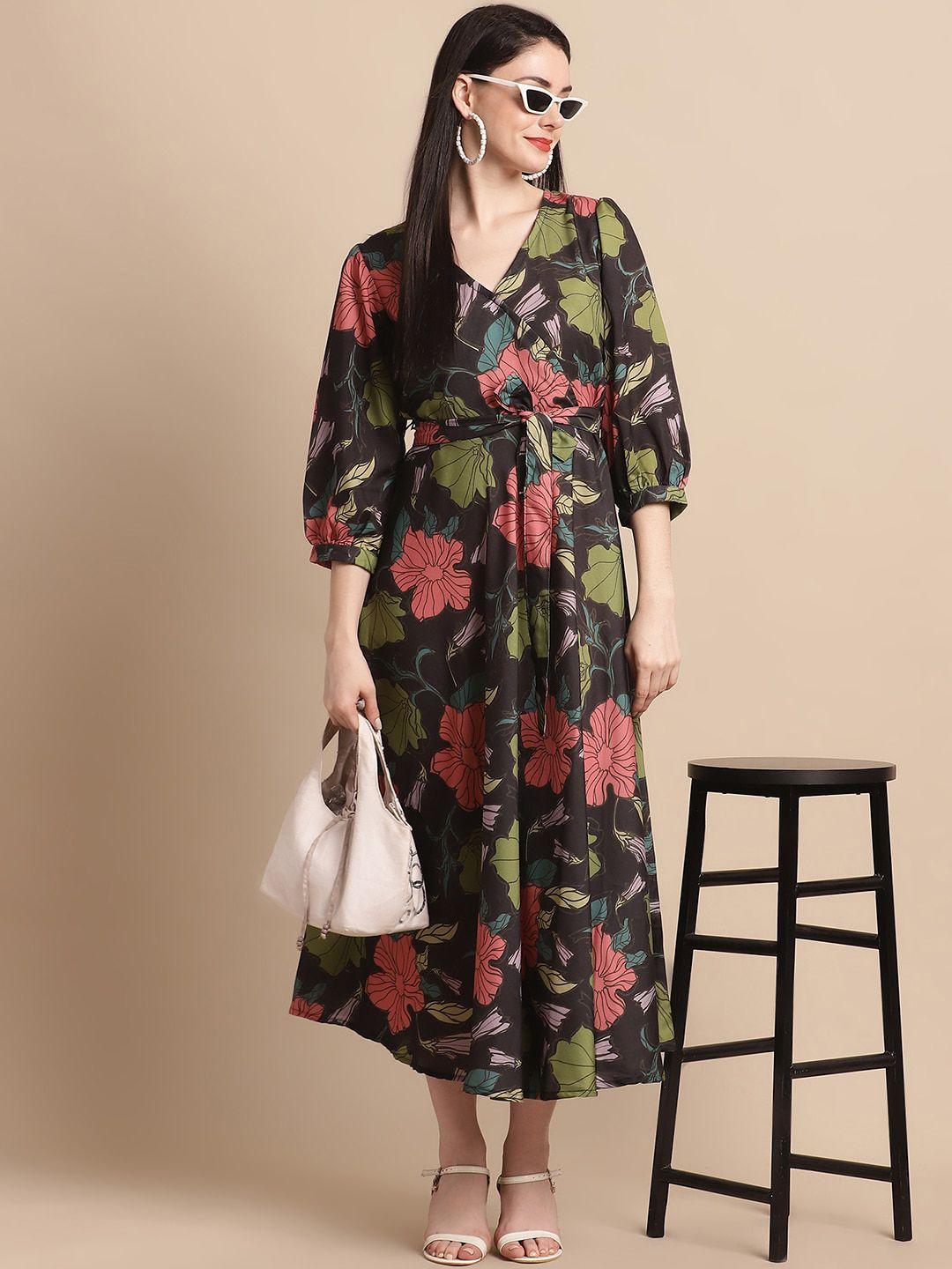 jainish floral printed v-neck puff sleeve a-line dress