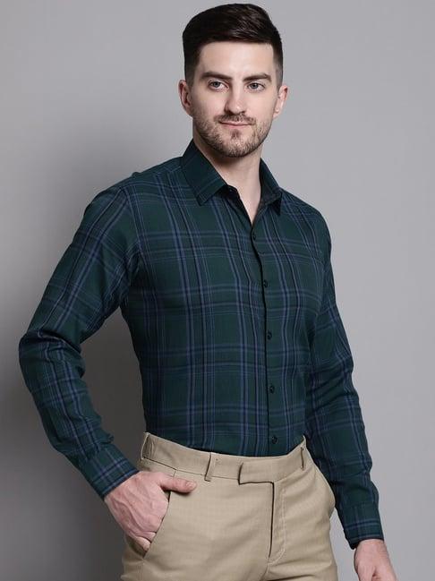 jainish green cotton regular fit checks shirt