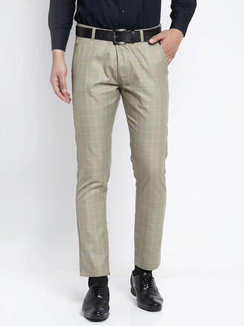 jainish green cotton tapered fit checks flat front trousers