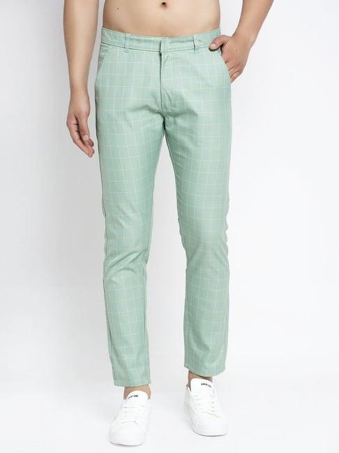 jainish green cotton tapered fit checks trousers