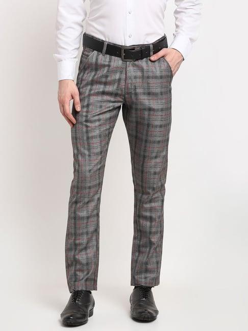 jainish grey cotton tapered fit checks flat front trousers