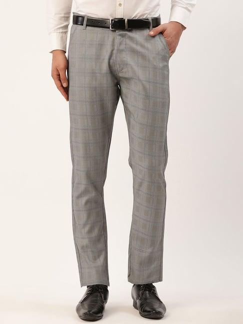 jainish grey cotton tapered fit checks flat front trousers