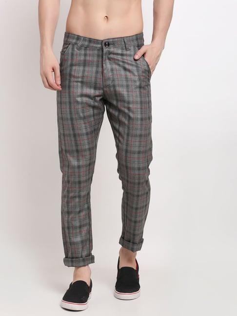 jainish grey cotton tapered fit checks trousers