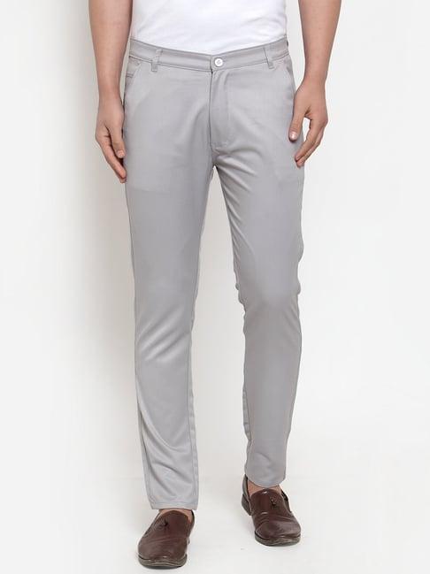 jainish grey cotton tapered fit flat front trousers