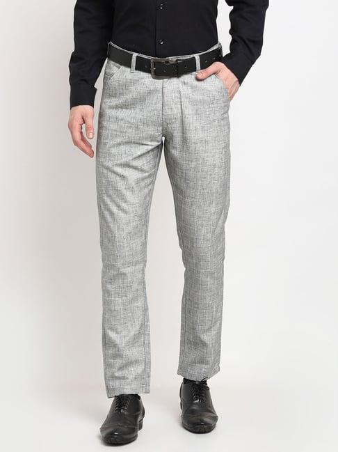 jainish grey cotton tapered fit self pattern flat front trousers