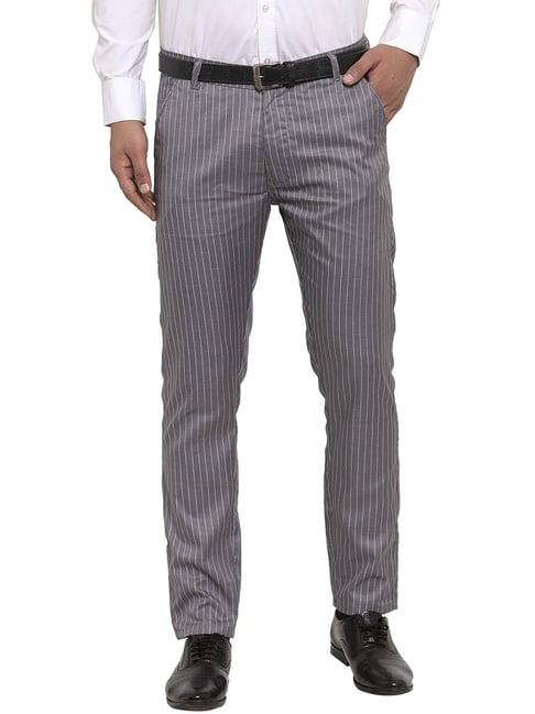 jainish grey cotton tapered fit striped flat front trousers