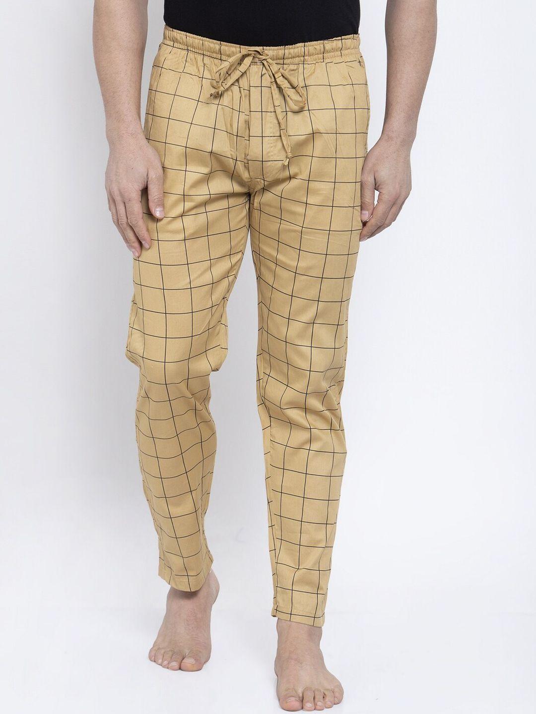 jainish men beige & black checked pure cotton lounge pants