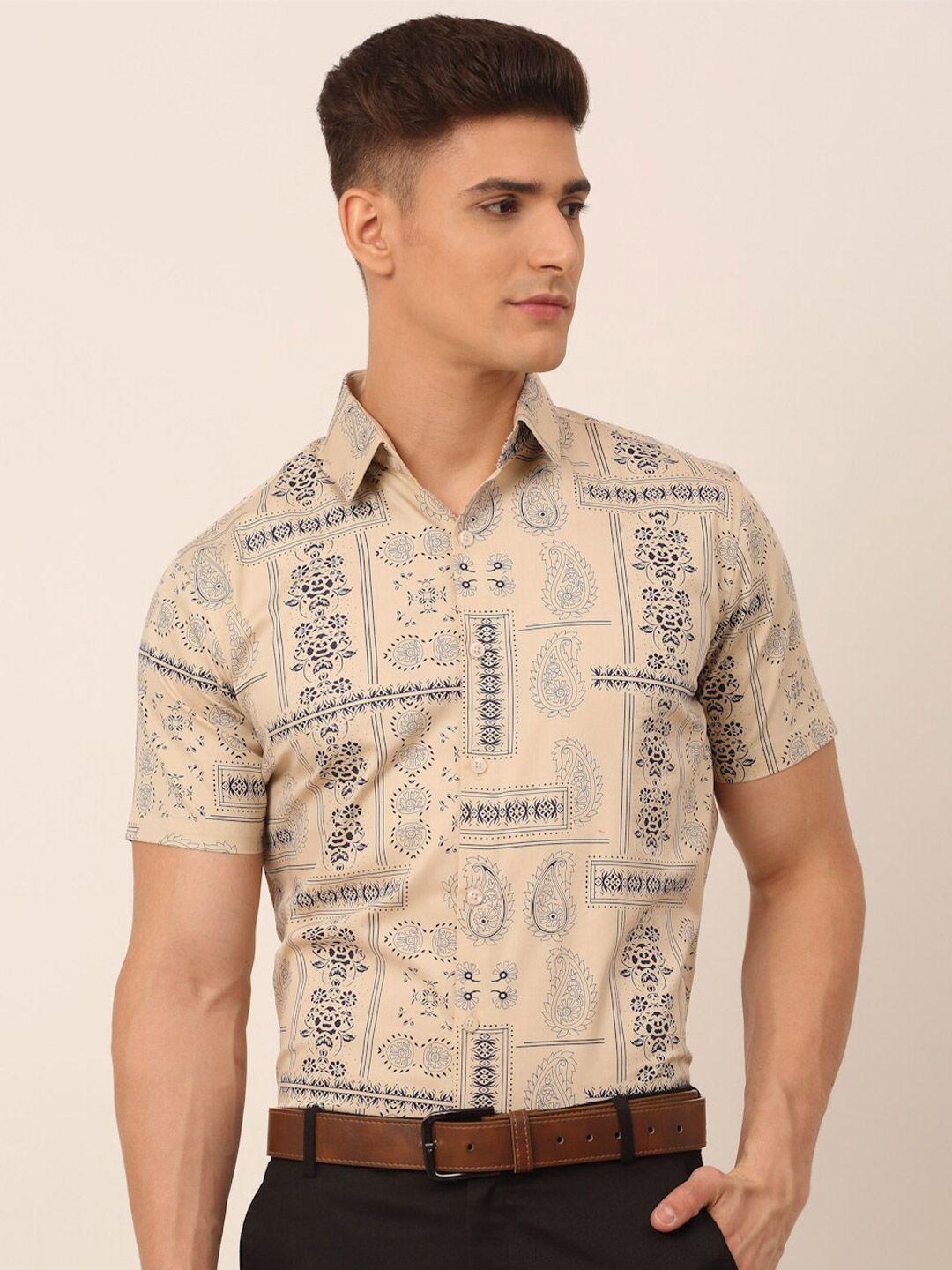 jainish men beige printed cotton classic formal shirt