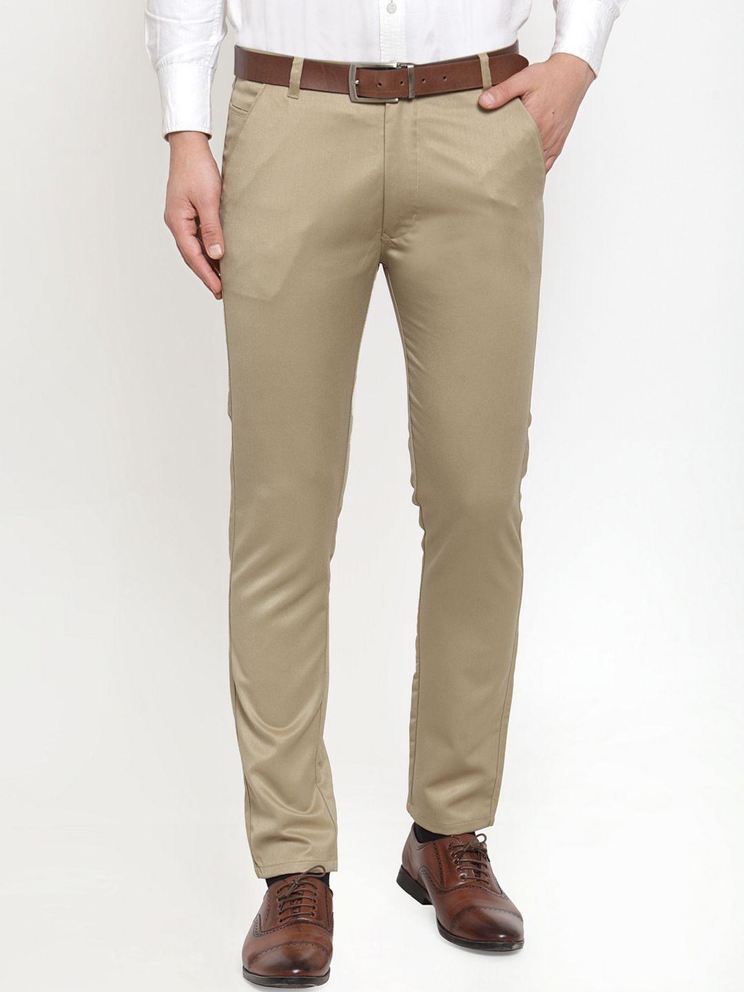 jainish men beige smart slim fit solid formal trousers