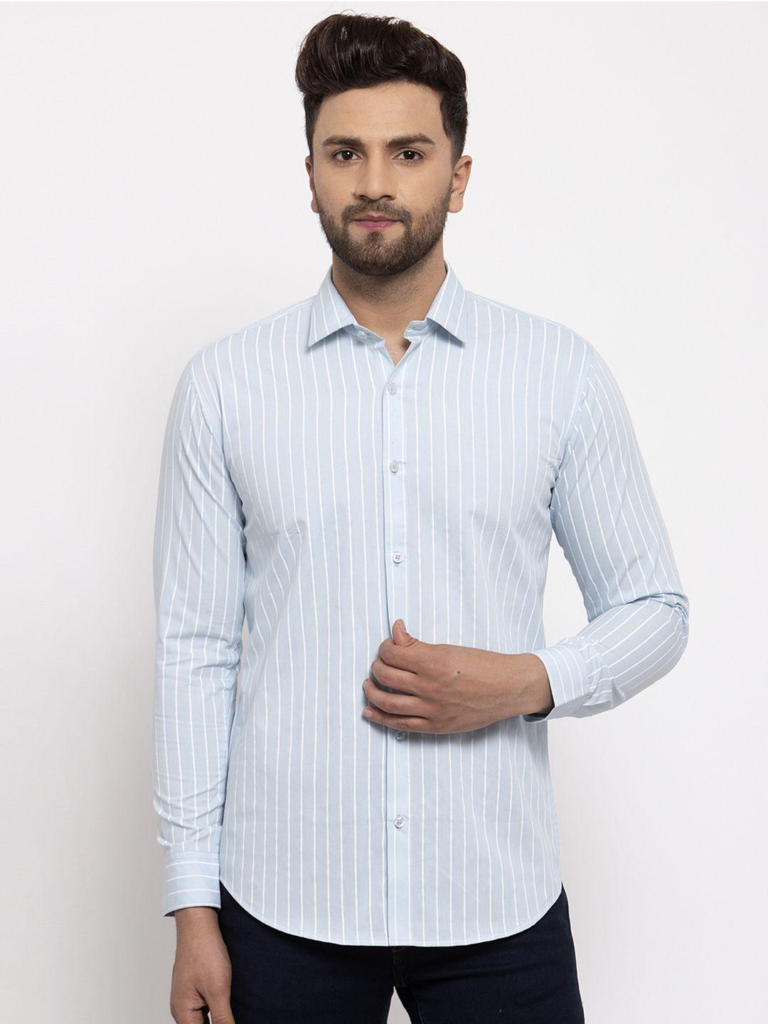 jainish men blue & off-white regular fit striped casual shirt