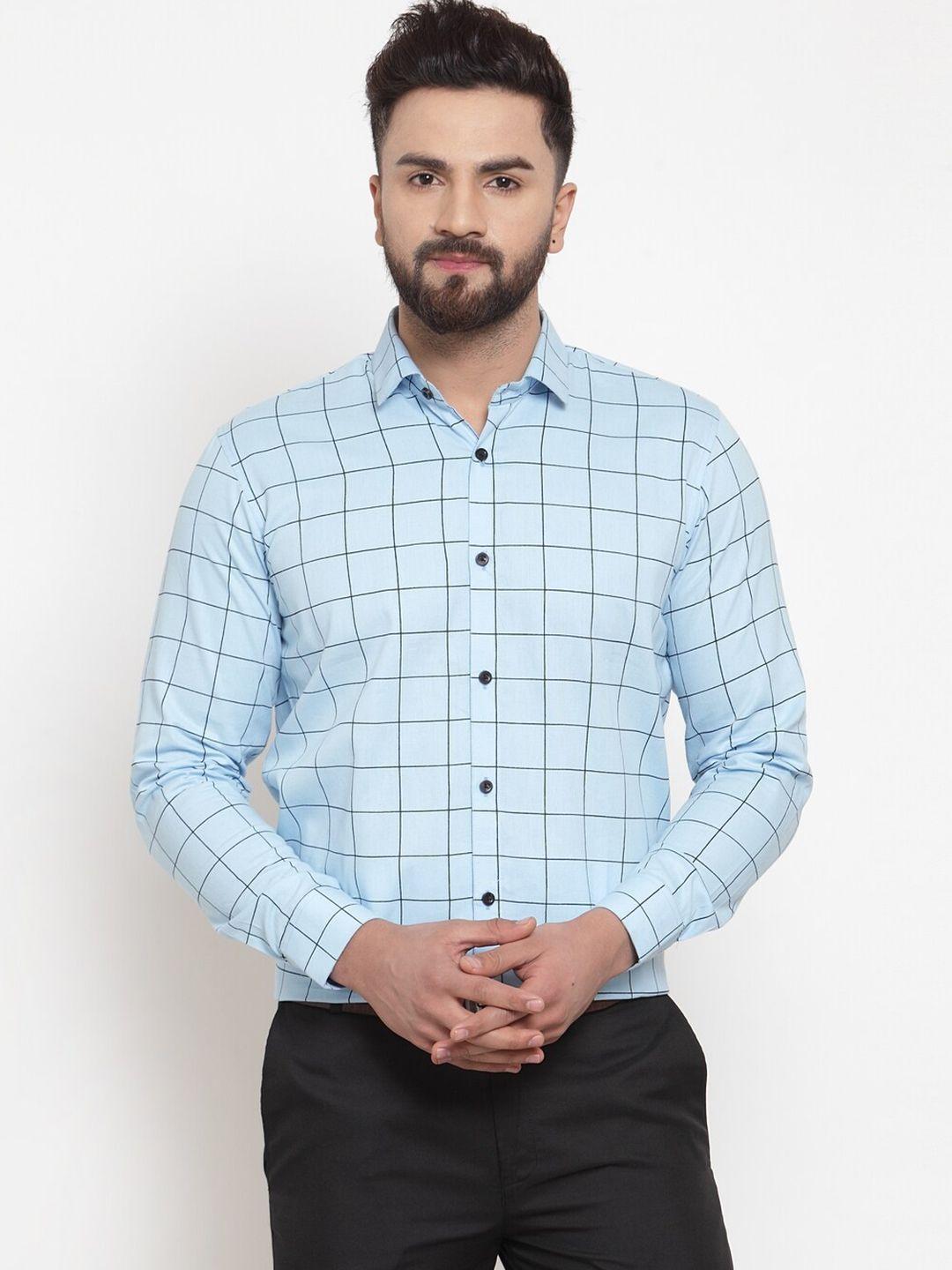 jainish men blue classic windowpane checks checked formal shirt