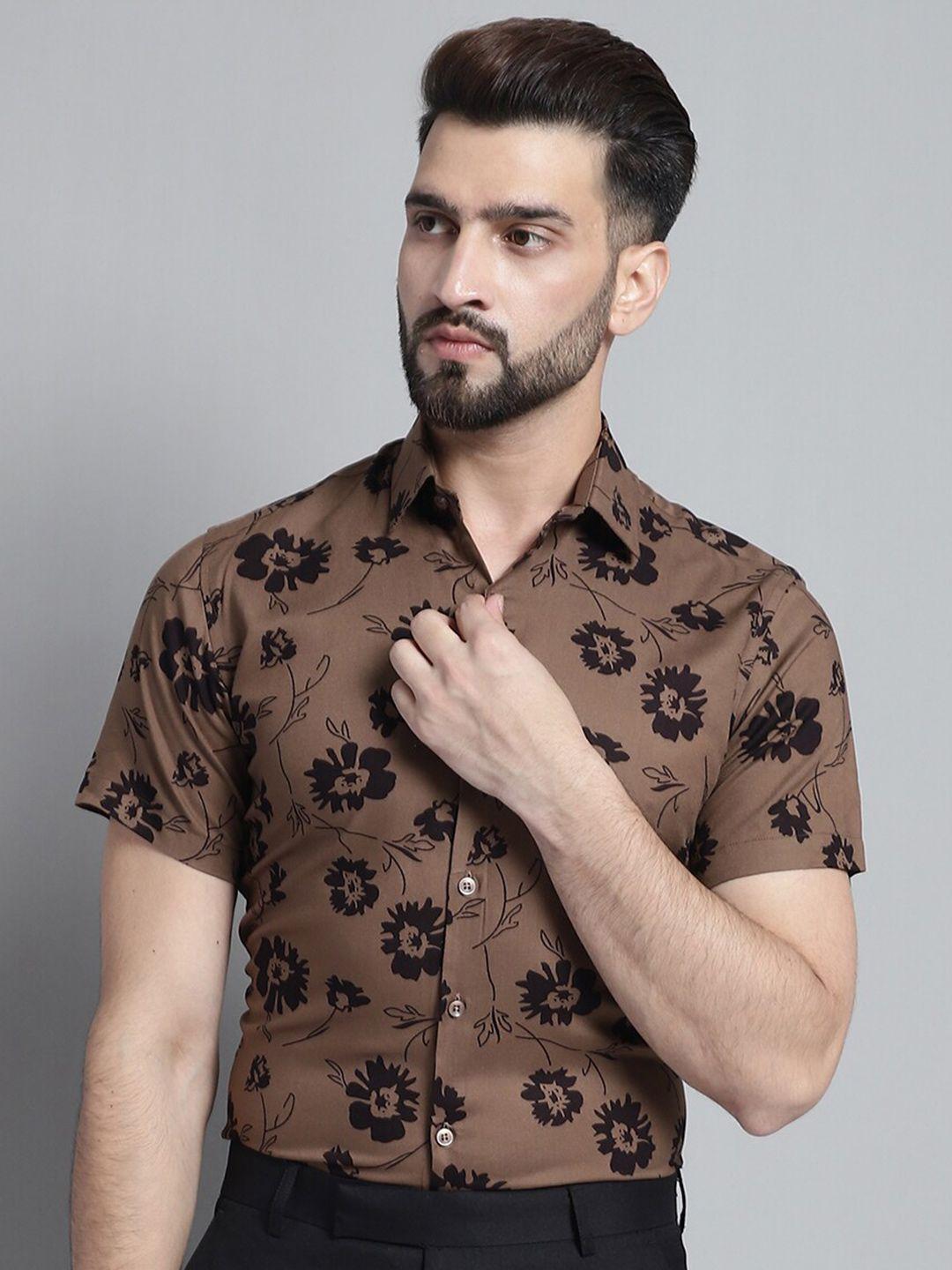 jainish men brown classic floral opaque printed formal shirt
