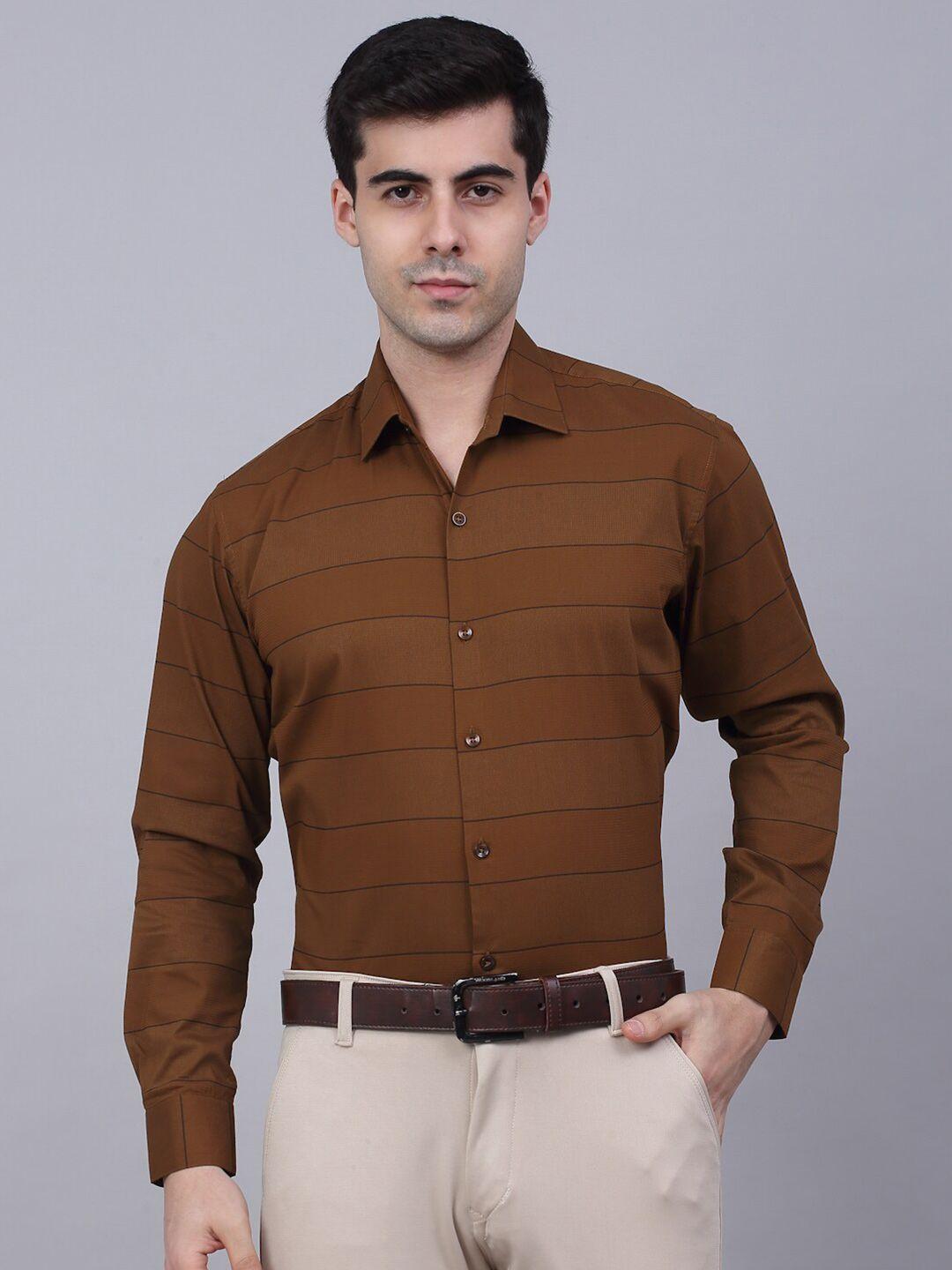 jainish men brown classic horizontal striped formal shirt