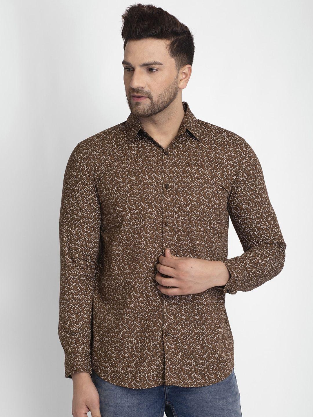 jainish men brown regular fit printed casual shirt