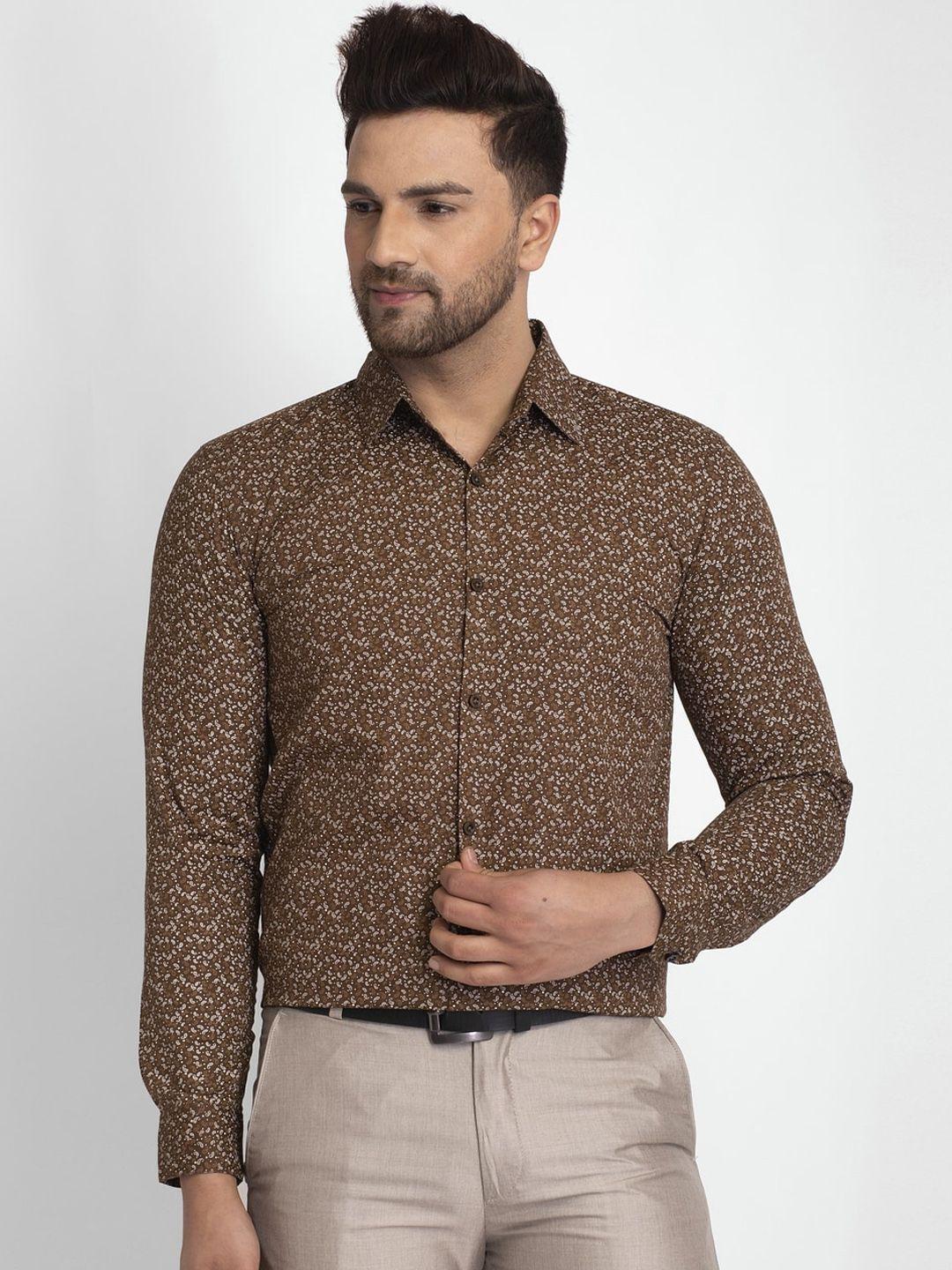 jainish men brown regular fit printed formal shirt