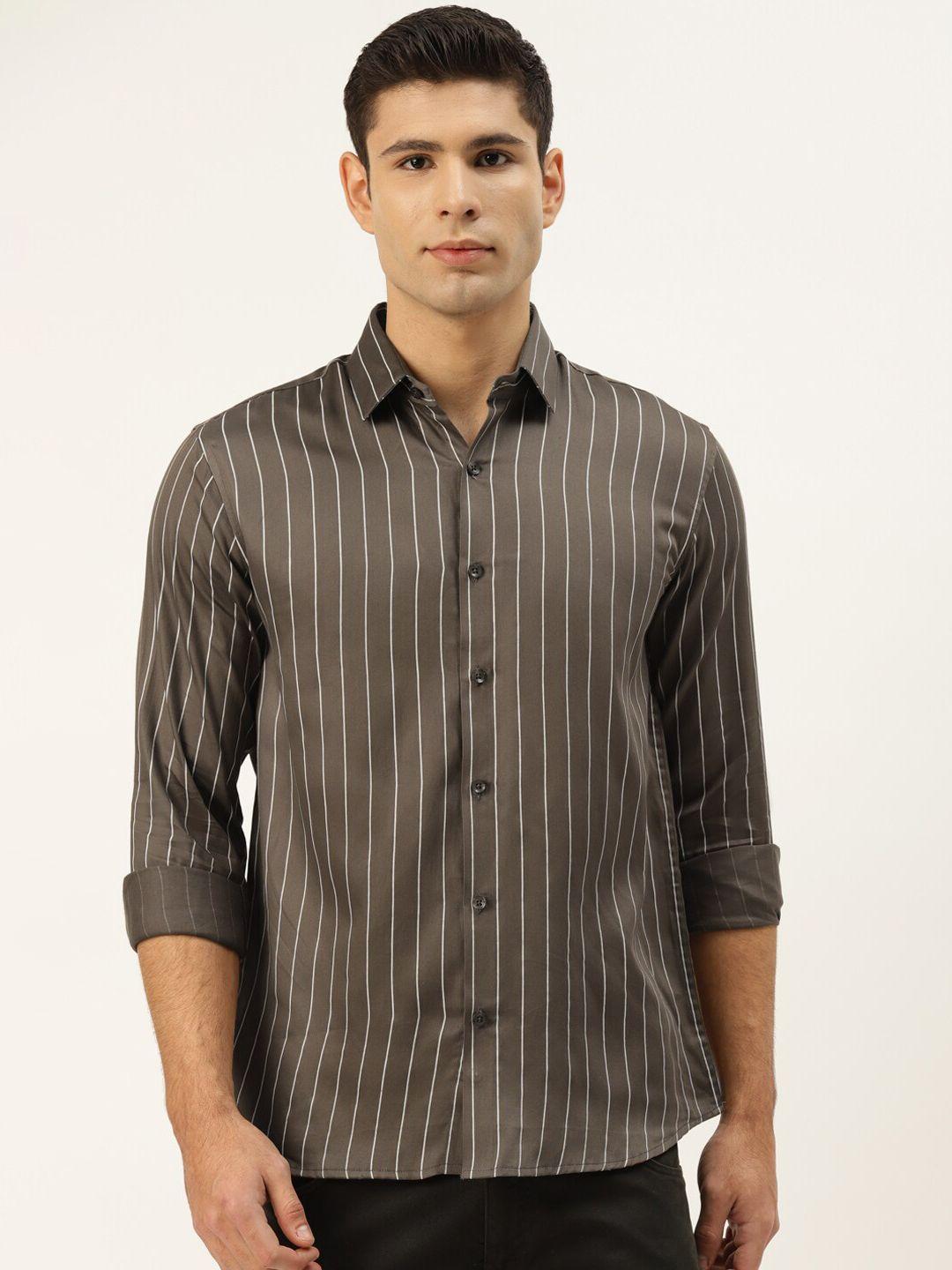 jainish men brown smart regular fit striped casual shirt