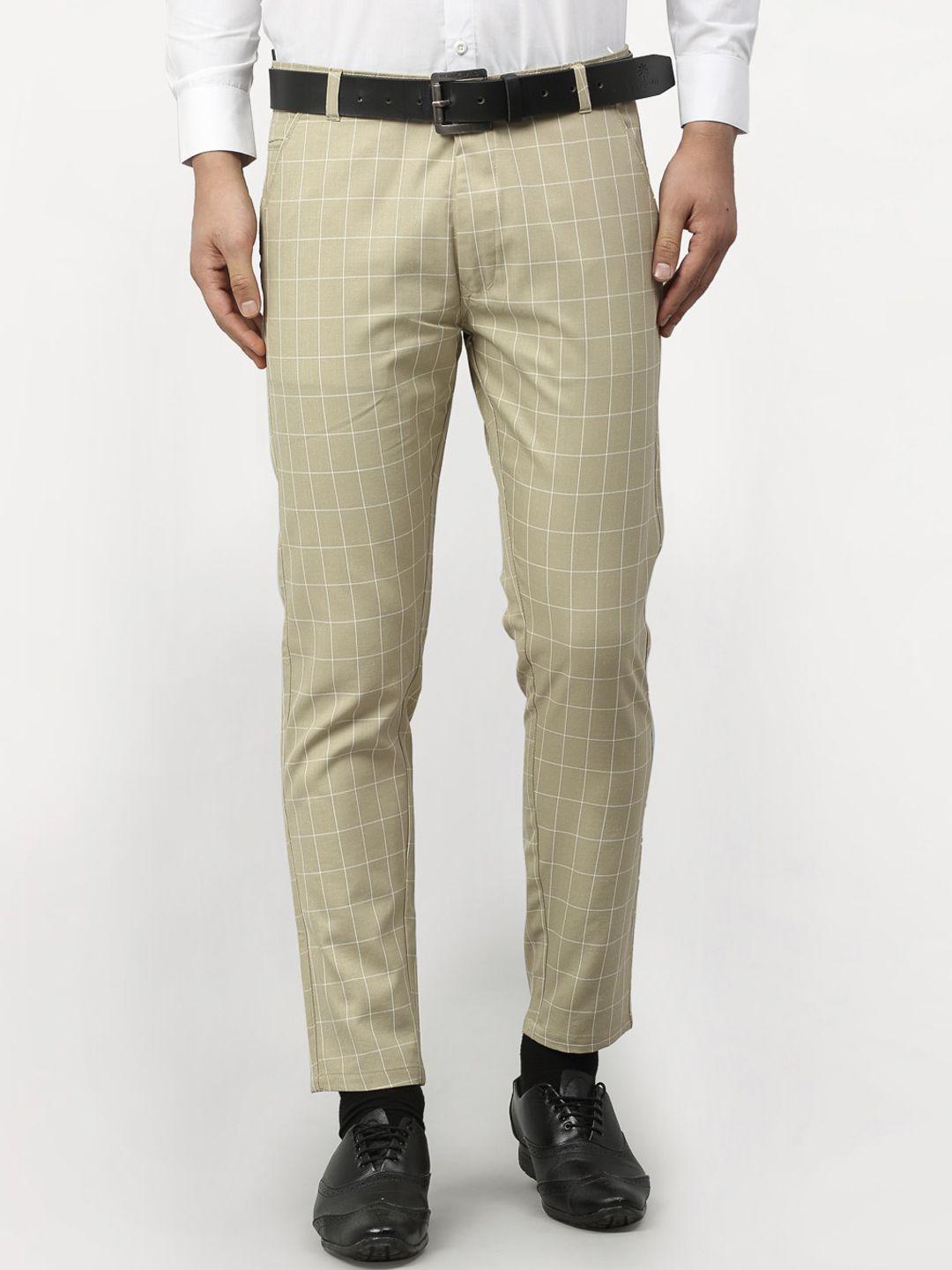 jainish men cream checked tapered fit formal trousers