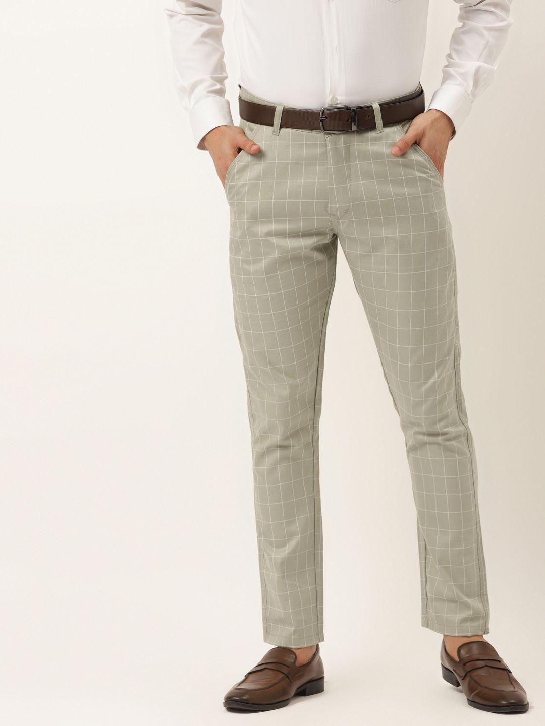 jainish men cream-coloured checked pure cotton smart tapered fit easy wash trousers