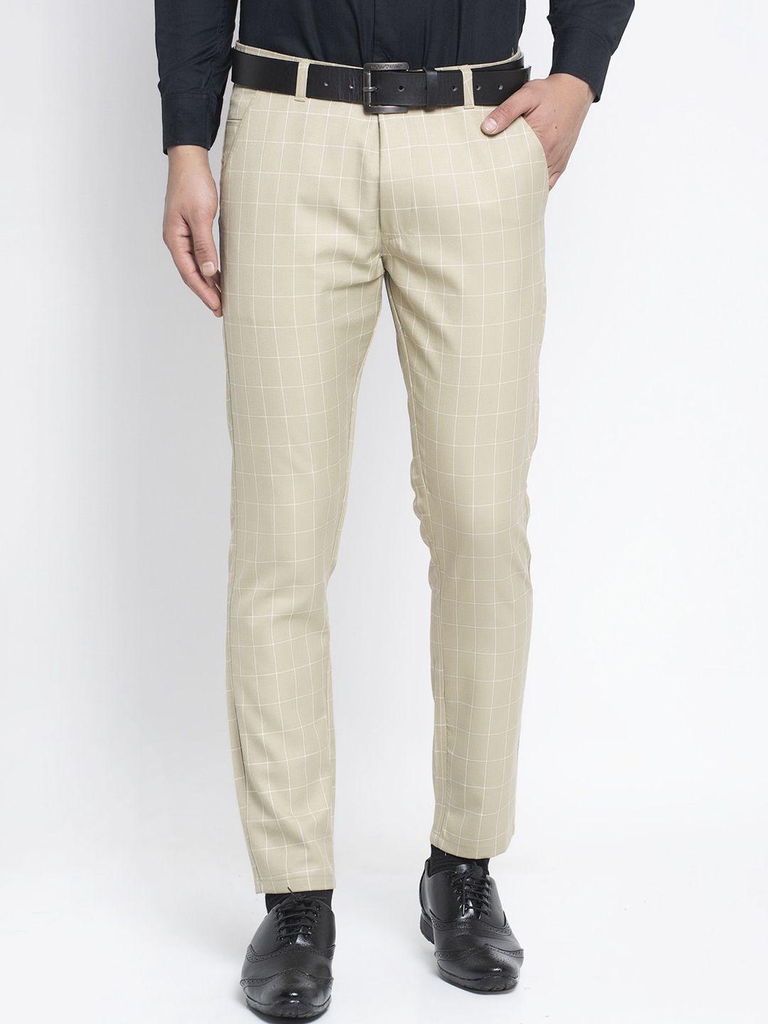 jainish men cream-coloured checked smart tapered fit formal trousers