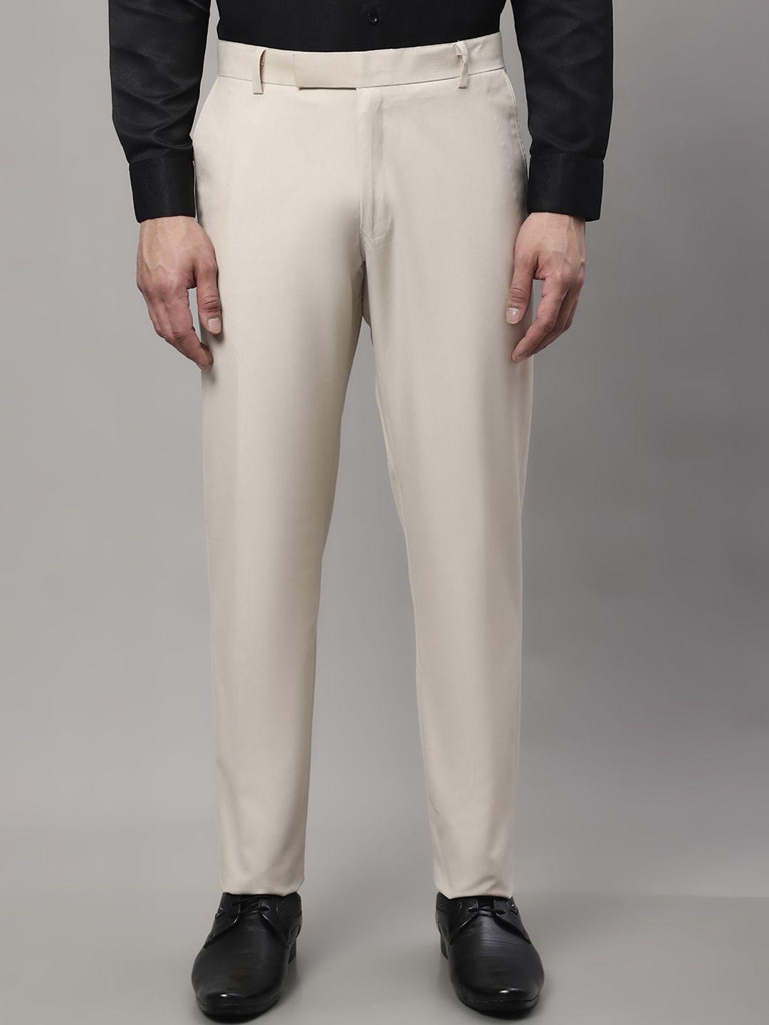 jainish men cream-coloured relaxed tapered fit easy wash trousers