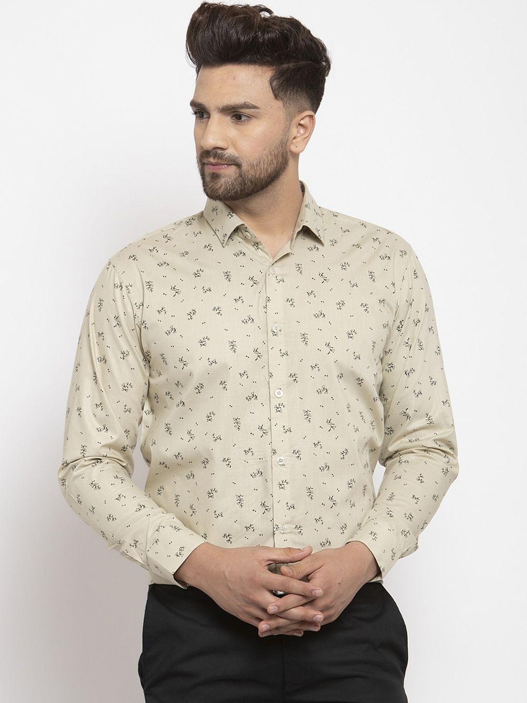 jainish men cream-coloured smart regular fit printed formal shirt