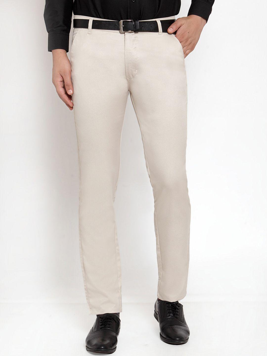 jainish men cream-coloured tapered fit formal trousers