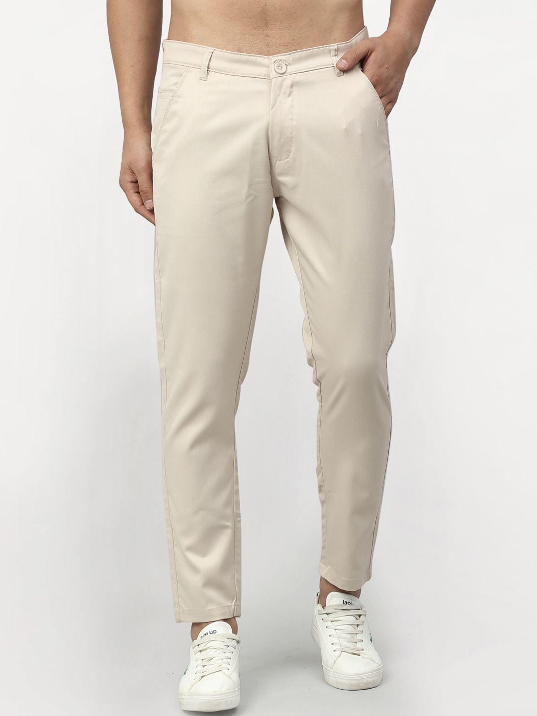 jainish men cream tapered fit chinos trousers