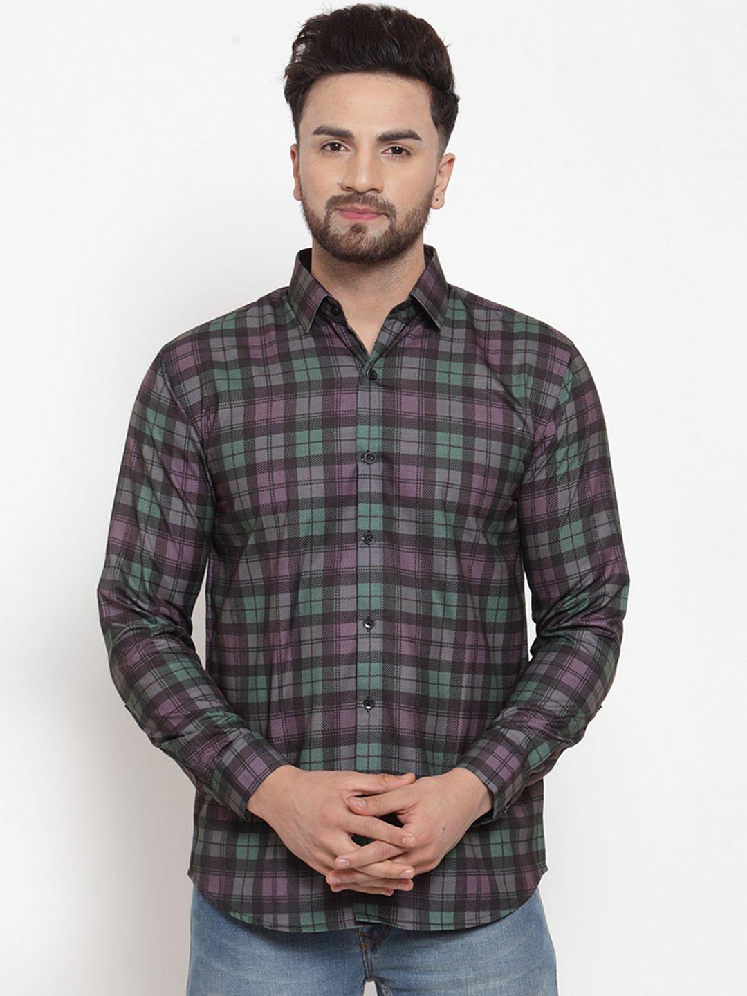 jainish men green & pink regular fit checked casual shirt