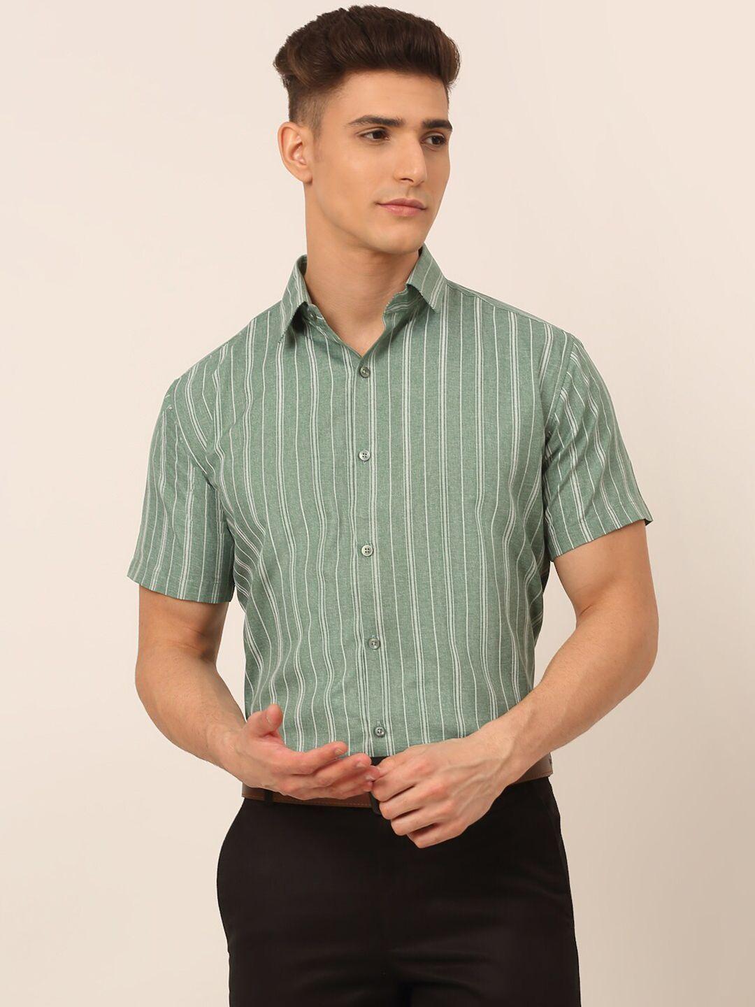 jainish men green classic striped formal shirt