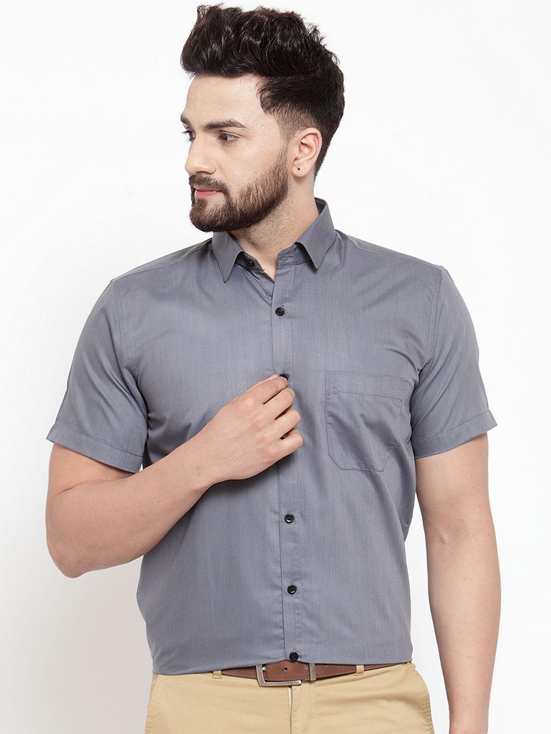 jainish men grey classic slim fit solid formal shirt