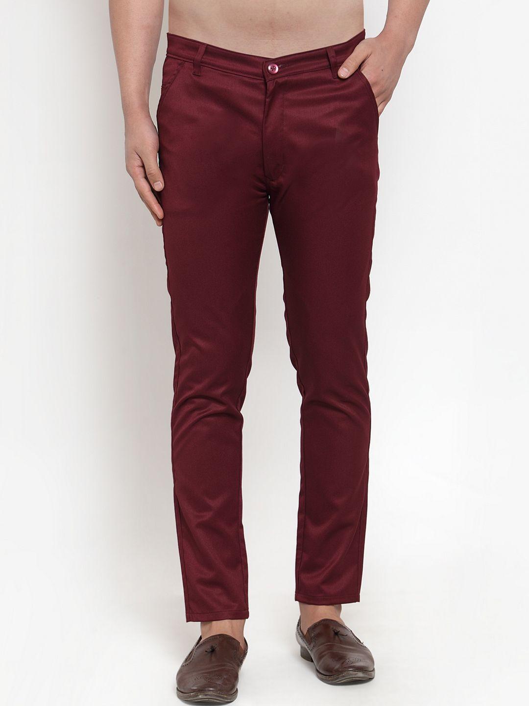 jainish men maroon smart slim fit solid regular trousers