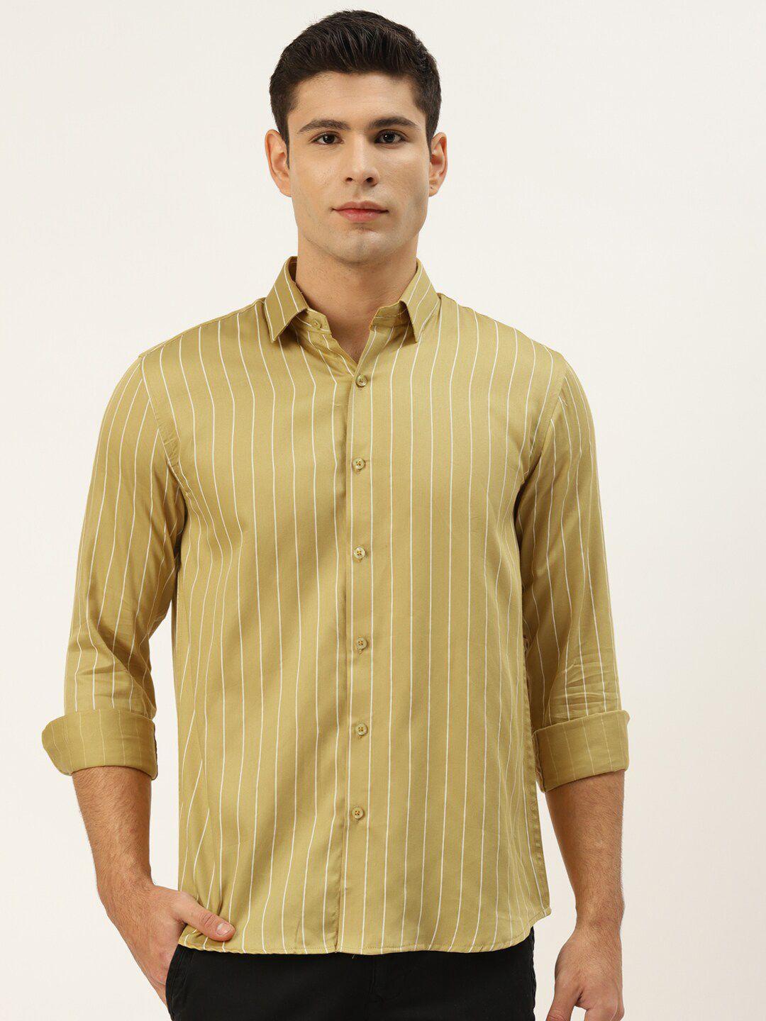 jainish men mustard yellow classic striped pure cotton casual shirt