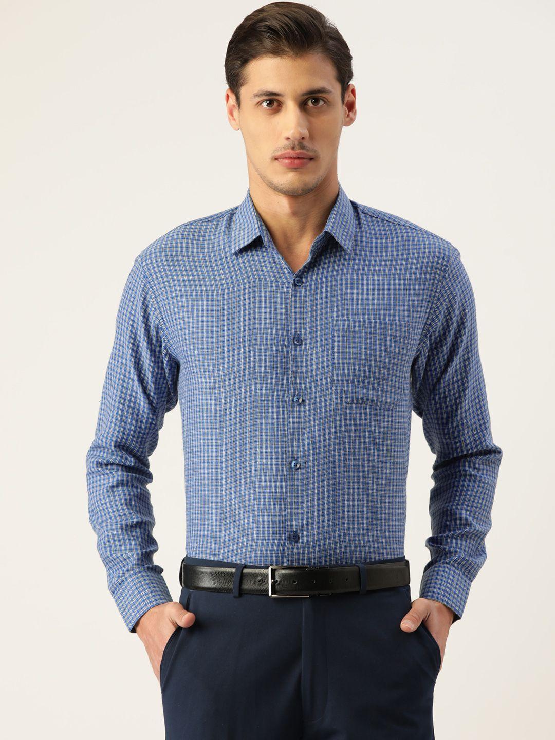 jainish men navy blue & white pure cotton smart fit micro checked formal shirt