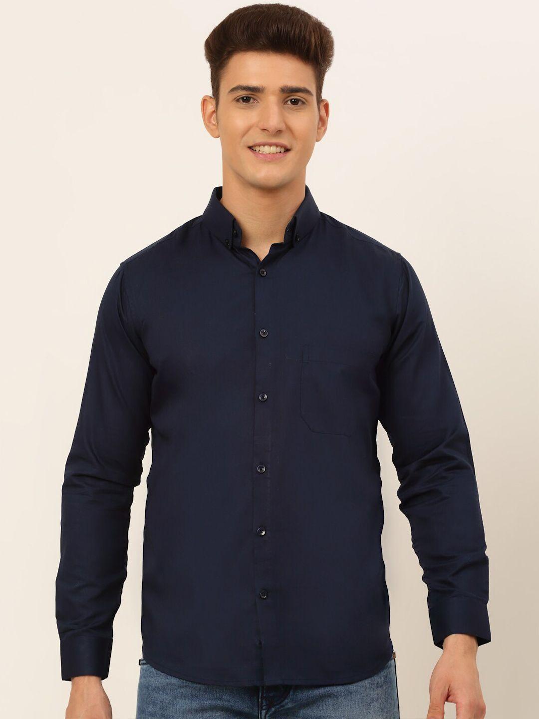 jainish men navy blue solid cotton casual shirt