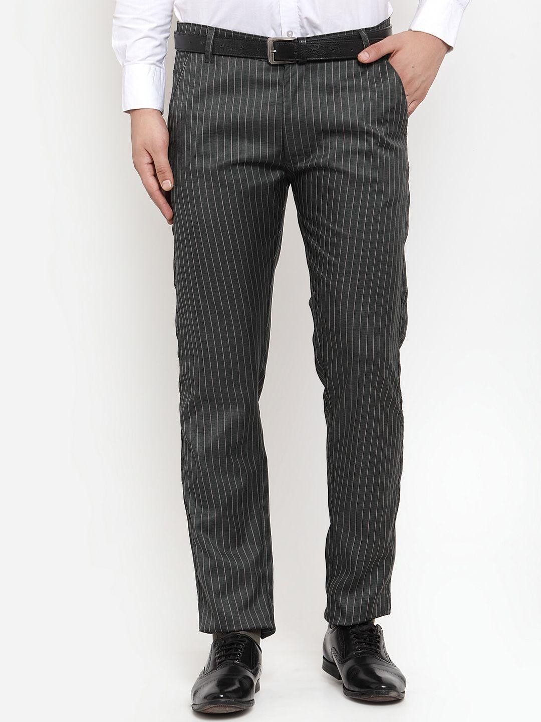 jainish men olive green & white smart slim fit striped formal trousers