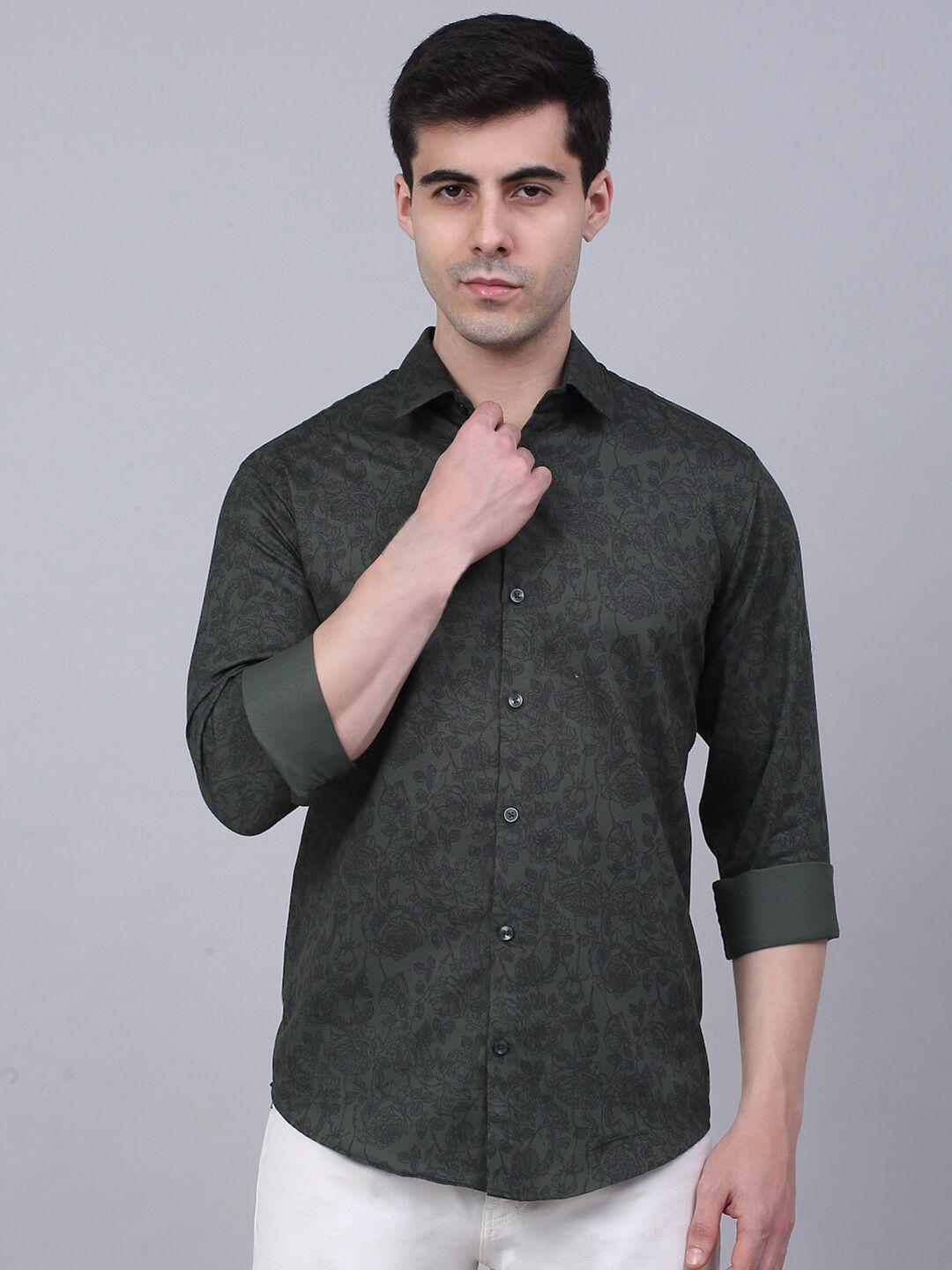 jainish men olive green classic floral printed casual shirt