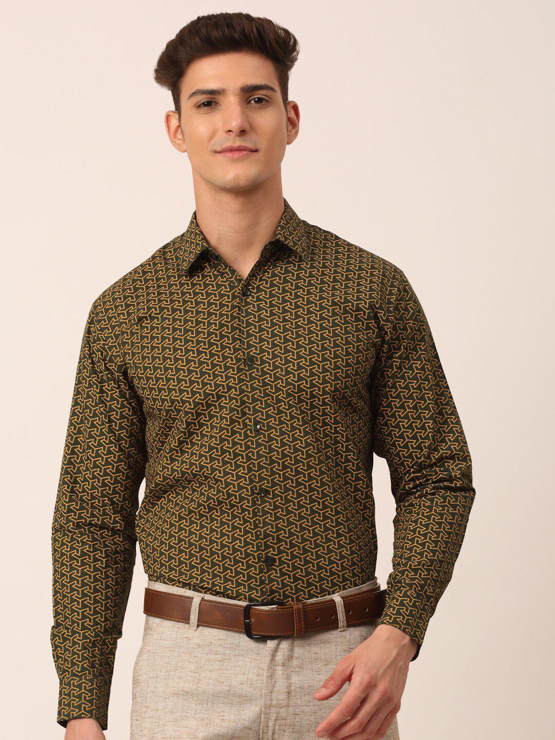 jainish men olive green classic slim fit floral printed pure cotton formal shirt