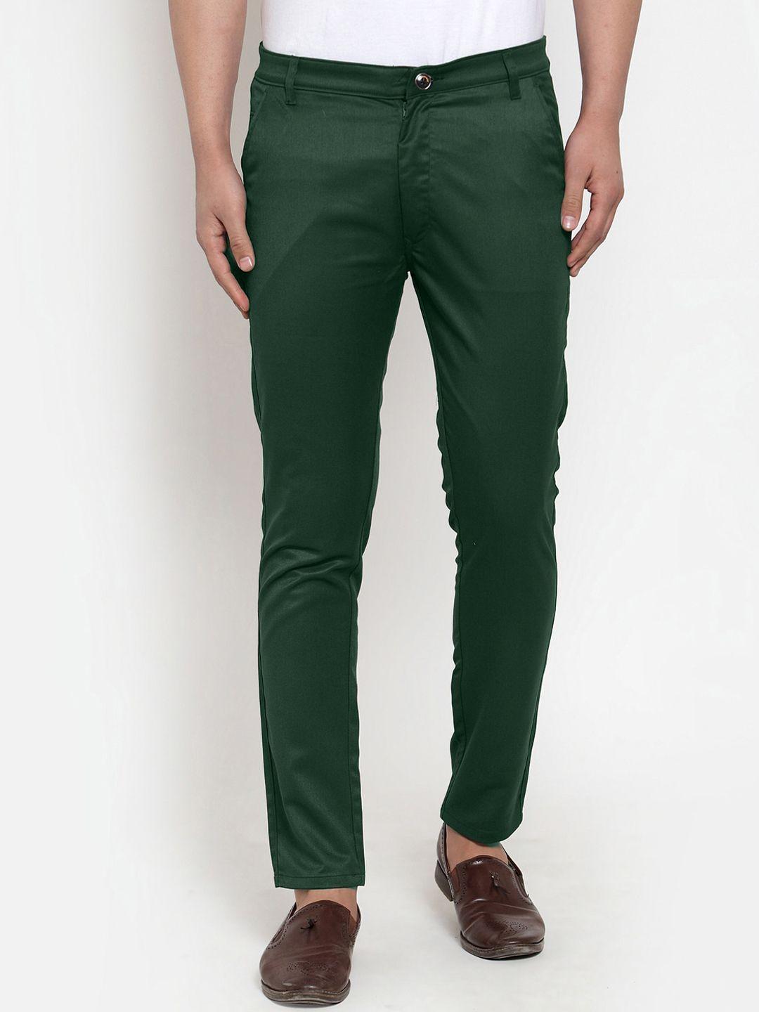 jainish men olive green slim fit solid regular trousers