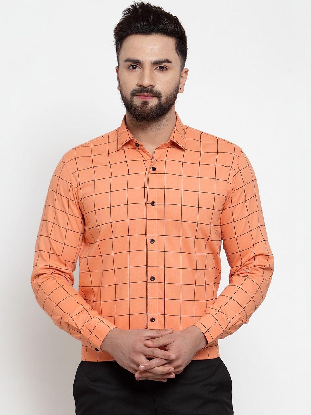 jainish men orange standard windowpane checked formal shirt